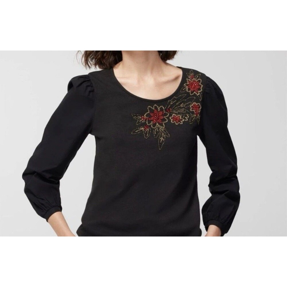 Chico's Black Scoop Neck Beaded Floral Knit Puff Sleeve Top 100% Cotton size  3